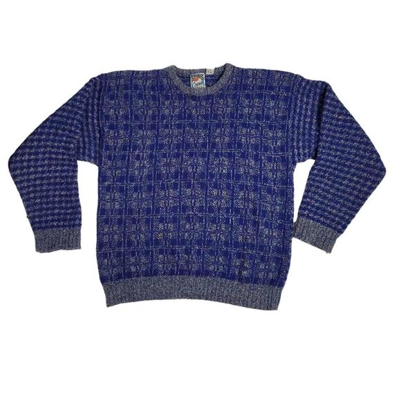 VINTAGE 80s blue multicolor crew neck pullover unisex sweater L - Picture 1 of 8